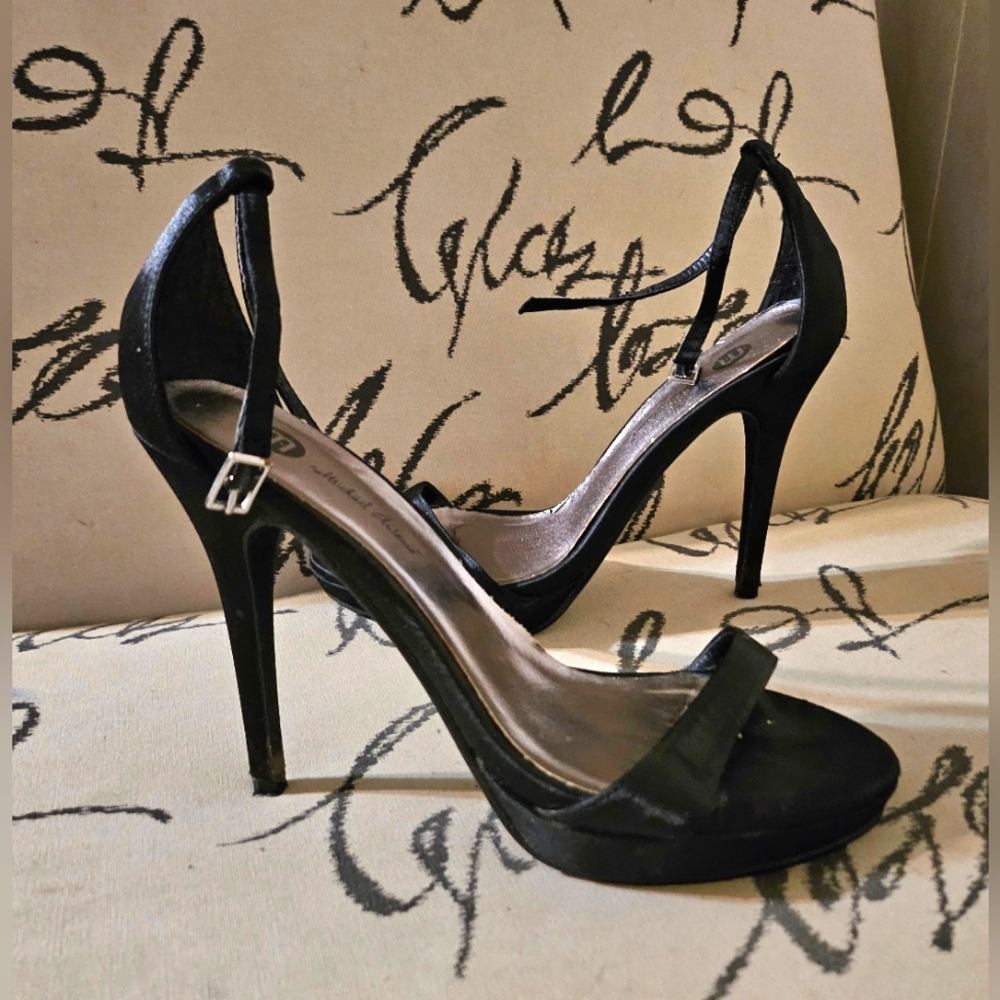 Michael Antonio black satin strappy heels, size 8